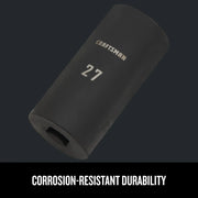 Photo of CRAFTSMAN deep impact socket, size 27 mm, corrosion-resistant, model CMMT17901, angled view.
