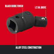 Craftsman alloy steel socket adapter, black oxide finish, 1/2 in. drive, SKU CMMT19492, side angle photo.
