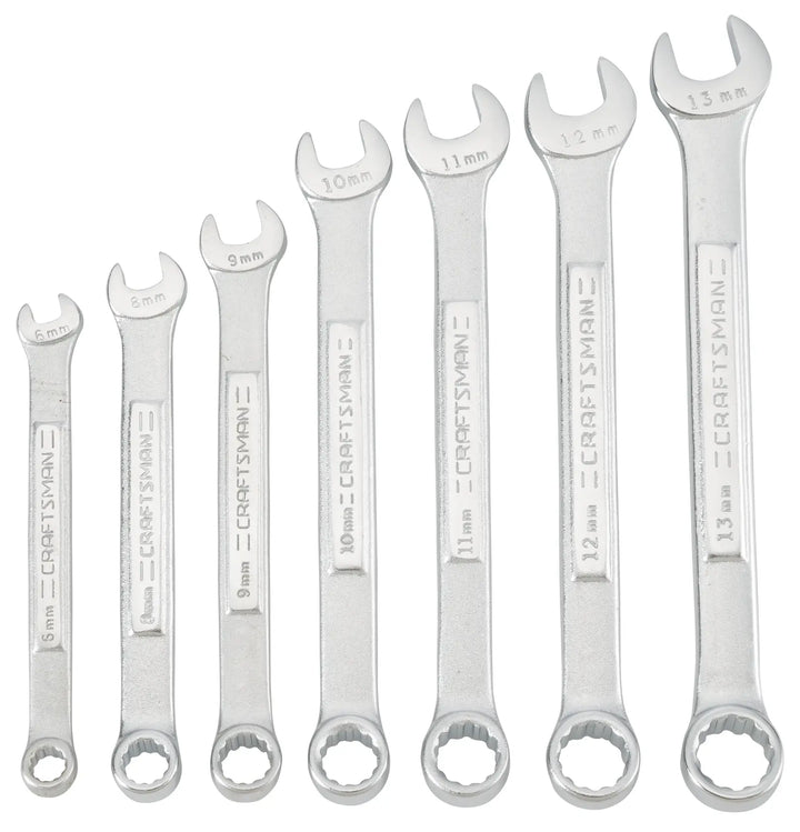 Craftsman CMMT21086 set of seven combination wrenches, 6-13mm, silver, arranged upright on white background.