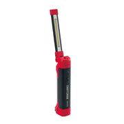 Photo of Craftsman CMMT25165 rechargeable LED work light, red and black, upright with extended light bar, white background.