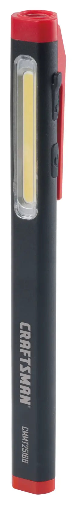 Photo of Craftsman CMMT25166 slim black and red LED pen light with clip, shown upright on white background.