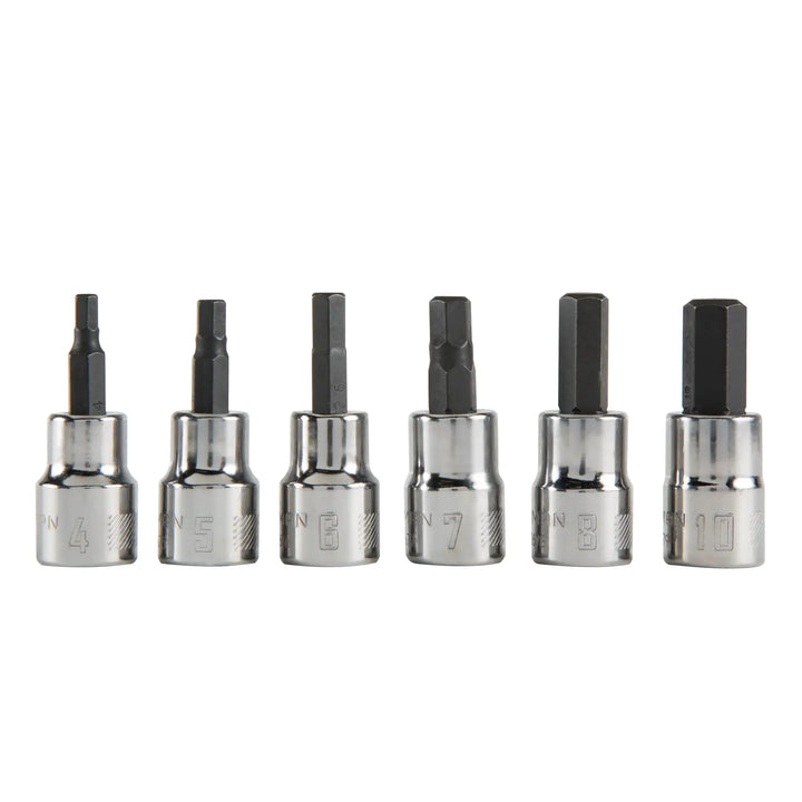 Photo of CRAFTSMAN hex bit socket set, chrome finish, SKUCMMT34448, six pieces upright on white background.