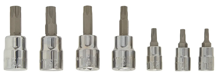 Photo of CRAFTSMAN set of seven chrome Torx bit sockets, SKU CMMT34449, front angle on white background.
