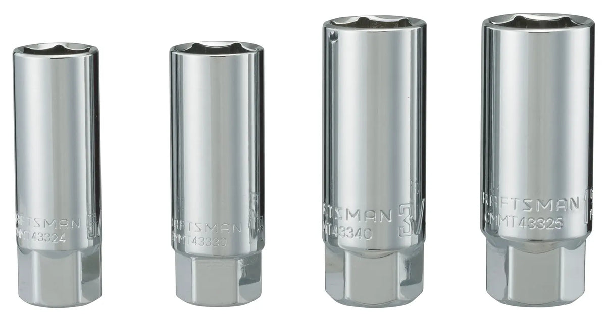 Photo of four CRAFTSMAN chrome deep socket wrenches, SKU CMMT34504, upright on white background.
