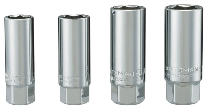 Photo of four CRAFTSMAN chrome deep socket wrenches, SKU CMMT34504, upright on white background.
