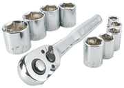 Craftsman CMMT34553 socket wrench set with chrome ratchet and nine hex sockets, white background, front angle.