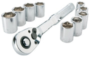 Photo of Craftsman CMMT34564 ratchet and socket set, chrome finish, tool category, front angle on white.