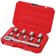 A red plastic case containing a set of chrome socket wrenches and a ratchet handle arranged neatly inside.