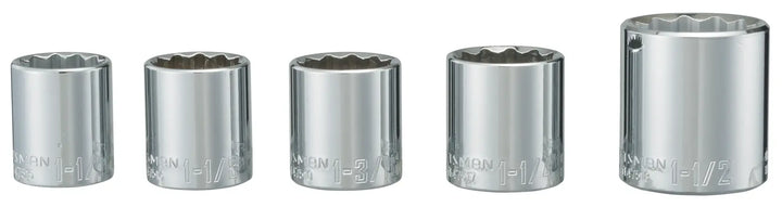 Photo of CRAFTSMAN CMMT34572 chrome socket set, five pieces, front angle on white background.