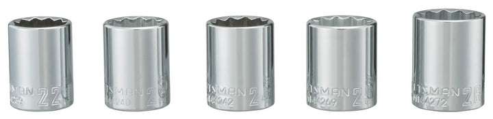 Photo of five CRAFTSMAN chrome socket wrenches in a row, SKU CMMT34574, product on white background.