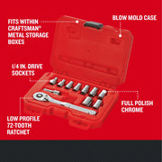 Photo of CRAFTSMAN 1/4 in. drive socket set with low profile 72-tooth ratchet in red blow mold case, CMMT34870.