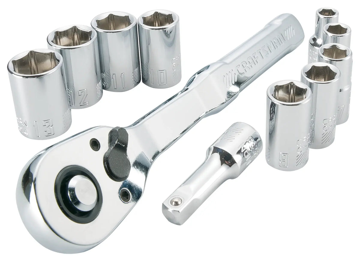 Photo of CRAFTSMAN CMMT34871 chrome socket wrench set with ratchet, extension bar, and multiple sockets on white background.