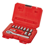 A red plastic carrying case containing a ratchet wrench and several socket accessories, organized in fitted slots.