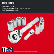 Craftsman 11-piece metric ratchet and socket set, CMMT34871, front angle on red background.