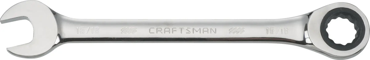 Photo of Craftsman CMMT38961 ratcheting combination wrench, chrome finish, straight top view on white background.