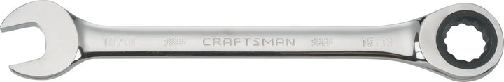 Photo of Craftsman CMMT38961 ratcheting combination wrench, chrome finish, straight top view on white background.