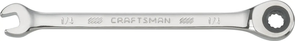 Craftsman CMMT39230 chrome ratcheting combination wrench front view on white background.