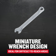 Photo of Craftsman miniature wrench CMMT42319, silver finish, shown on dark surface, graphics highlight design benefits.