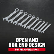 Craftsman graphics of 10 chrome wrenches with open and box ends, SKU CMMT42339, shown on black background.