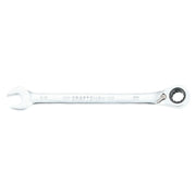 Photo of CRAFTSMAN CMMT42413 ratcheting combination wrench, chrome finish, open-end and box-end, side angle on white.