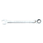 Photo of Craftsman ratcheting combination wrench, chrome finish, SKU CMMT42414, side view on white background.