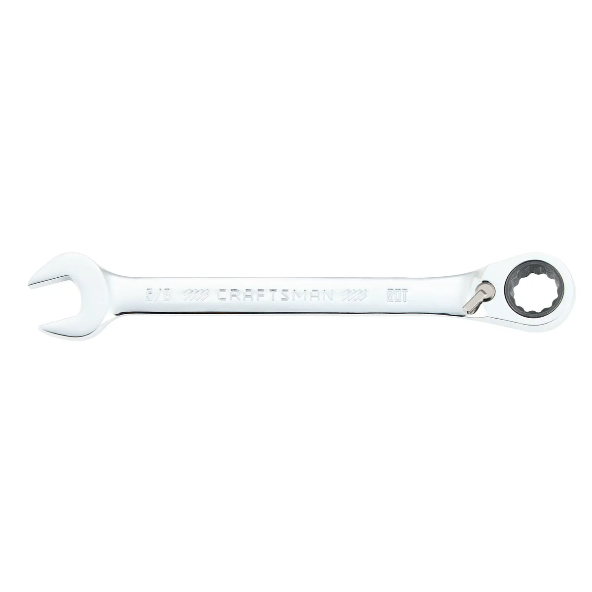 Photo of Craftsman 5/8 inch ratcheting combination wrench, CMMT42417, silver finish, side angle on white background.
