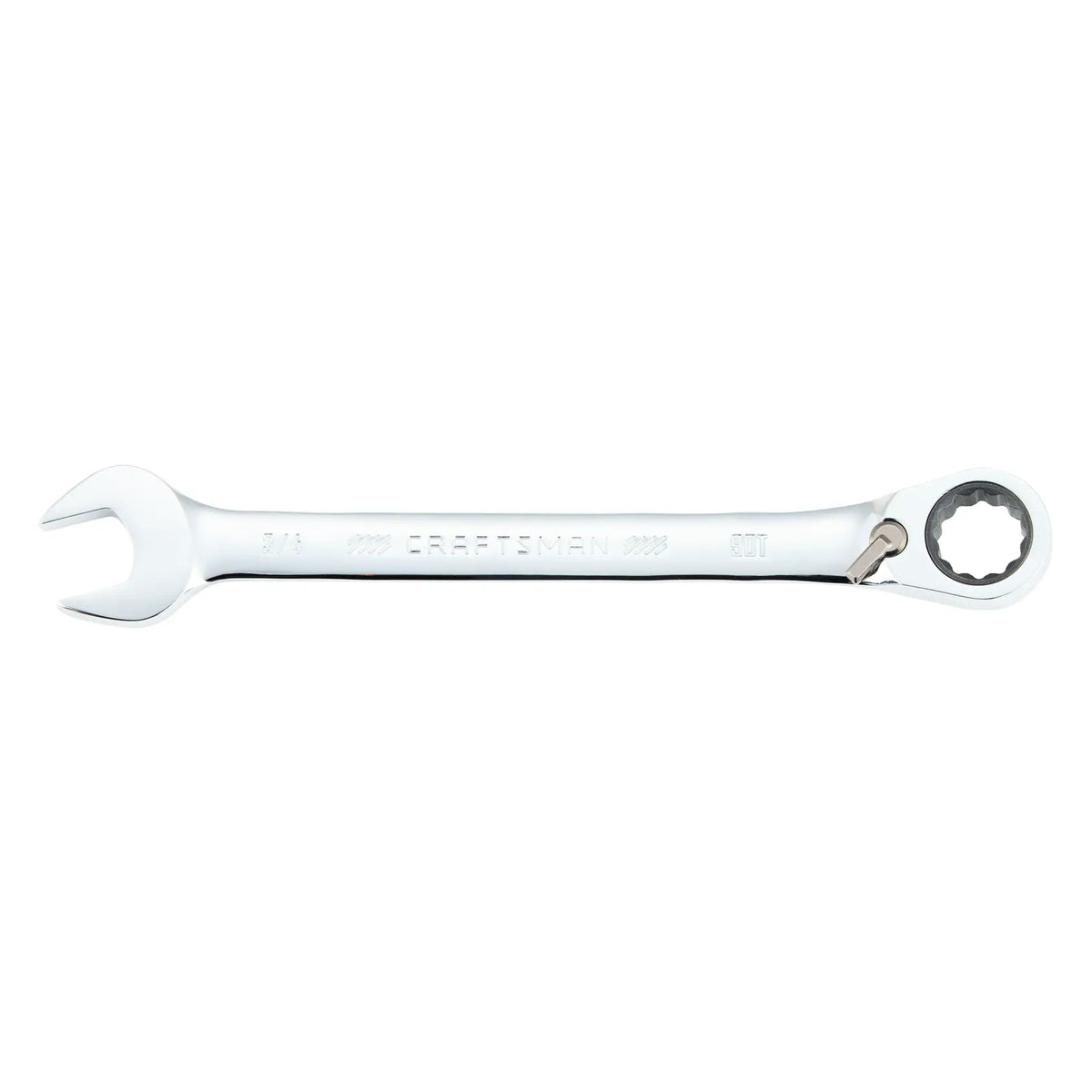 Craftsman CMMT42419 chrome ratcheting combination wrench with open end and ratchet box end, side angle, white background.