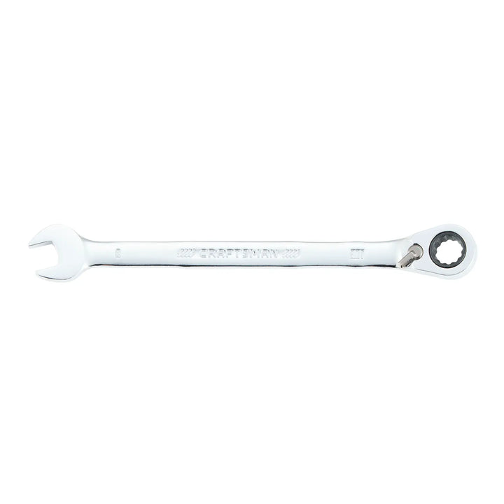 Craftsman 8mm ratcheting combination wrench CMMT42420, chrome finish, flat lay on white background.