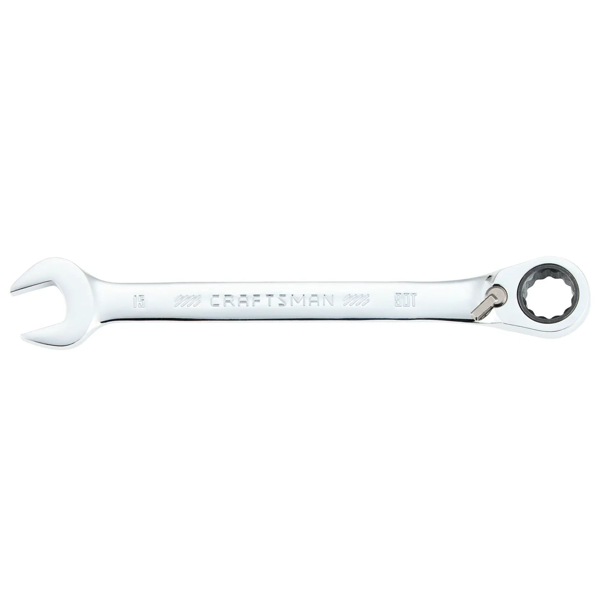 Photo of Craftsman 15mm ratcheting combination wrench, silver finish, SKU CMMT42426, top view, hand tool.