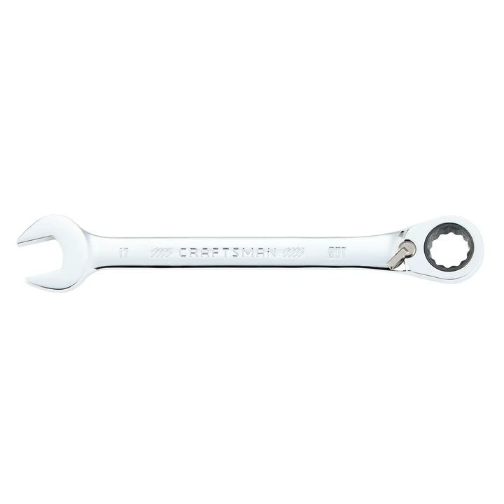 Photo of Craftsman 17mm ratcheting combination wrench CMMT42428, silver finish, top view on white background.