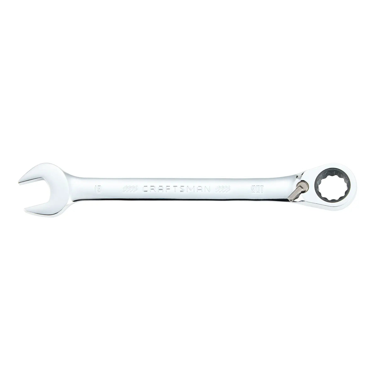 Photo of Craftsman CMMT42430 ratcheting combination wrench, 19mm, chrome finish, side view on white background.