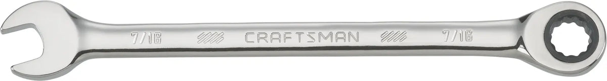 Photo of Craftsman combination ratcheting wrench 7/16 inch, model CMMT42562, viewed from above on white background.