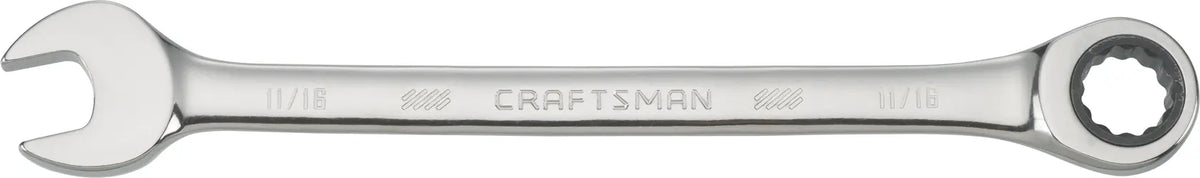 CRAFTSMAN CMMT42566 ratcheting combination wrench with polished chrome finish, top view on white background.