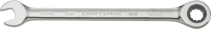 Photo of Craftsman CMMT42569 combination ratcheting wrench, 10 mm, chrome finish, flat front angle on white background.