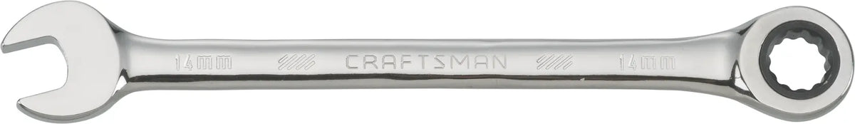 Photo of Craftsman CMMT42572 ratcheting combination wrench, 14mm, chrome finish, side view on white background.