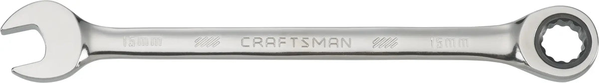 Photo of Craftsman CMMT42573 15mm combination wrench, chrome finish, front angle on white background.
