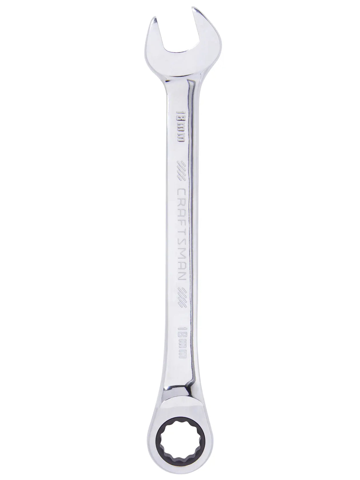 Photo of Craftsman CMMT42576 combination wrench, 18mm, chrome finish, front view on white background.