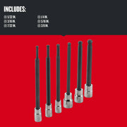 Photo of six Craftsman ball end hex bit sockets, model CMMT42606, metric sizes, upright on white background.