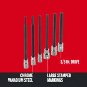 Photo of CRAFTSMAN CMMT42606 graphics showing six chrome vanadium steel ball-end hex bit sockets with 3/8 in. drive, large stamped markings, front angle.