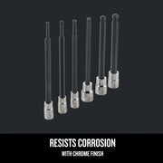 Photo of CRAFTSMAN long ball end hex bit socket set CMMT42606, six pieces with chrome finish, front angle.