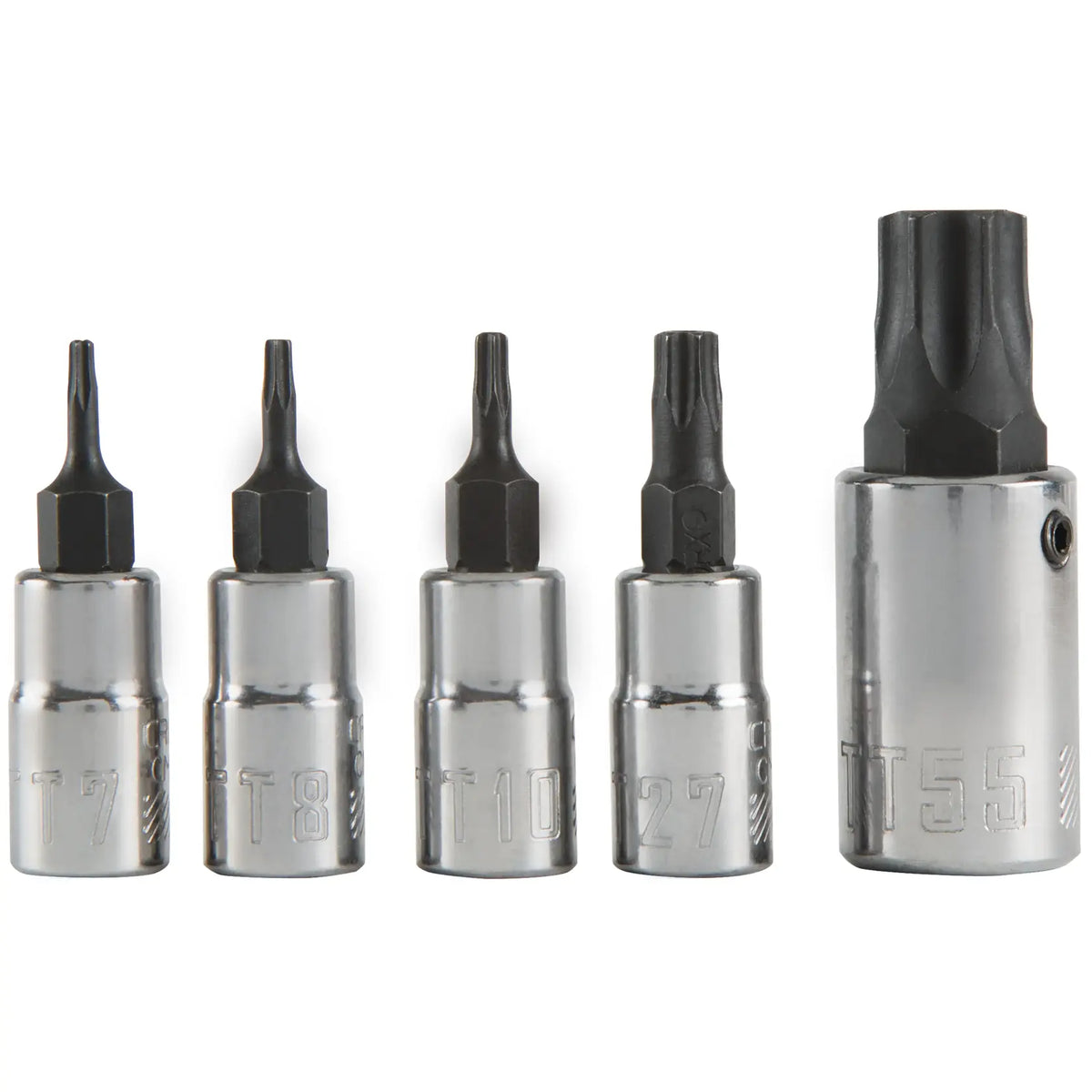 Photo of CRAFTSMAN CMMT42616 Torx bit socket set, five chrome and black sockets on white background.