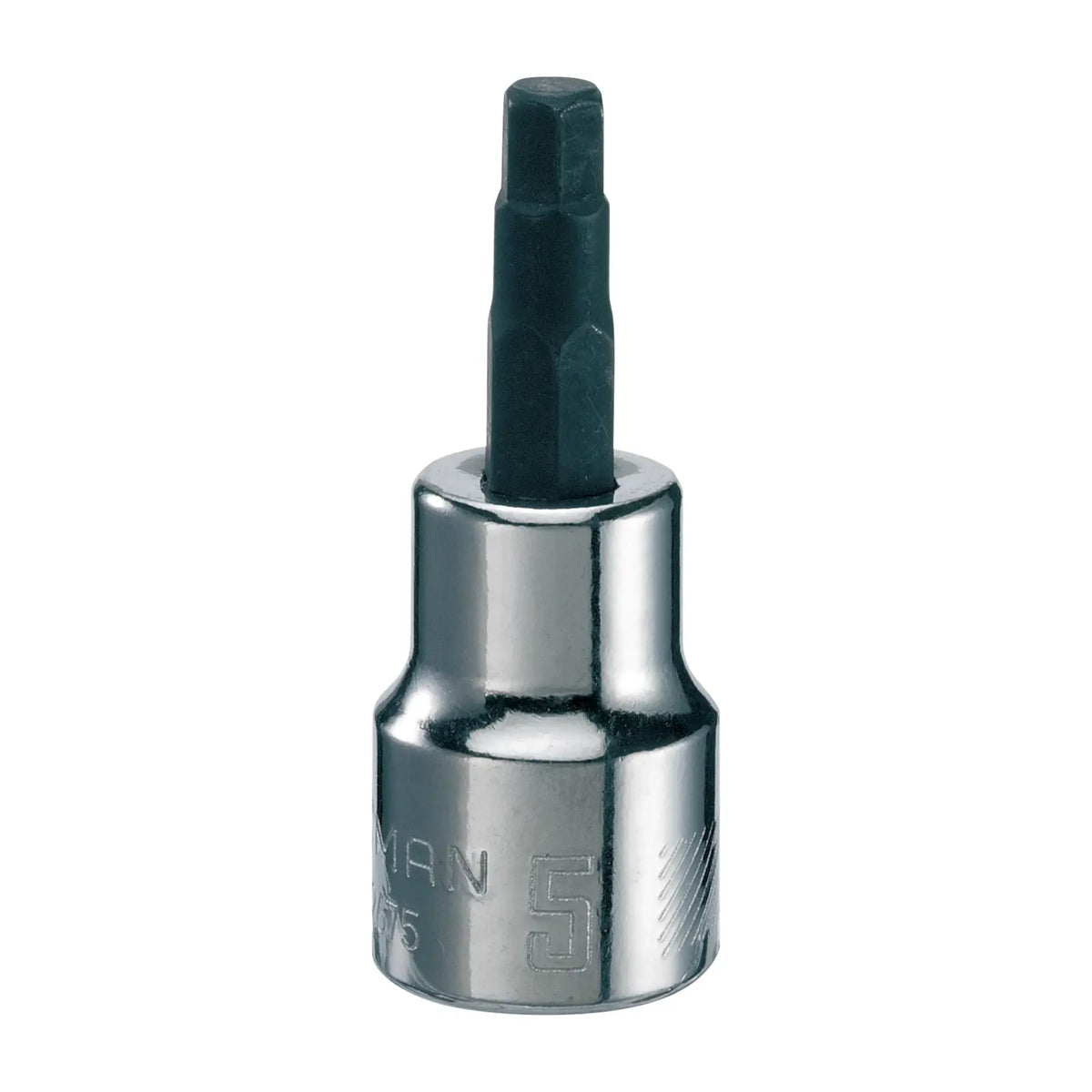 Photo of CRAFTSMAN hex bit socket, chrome and black finish, engraved number 5, SKU CMMT42675, front angle on white.