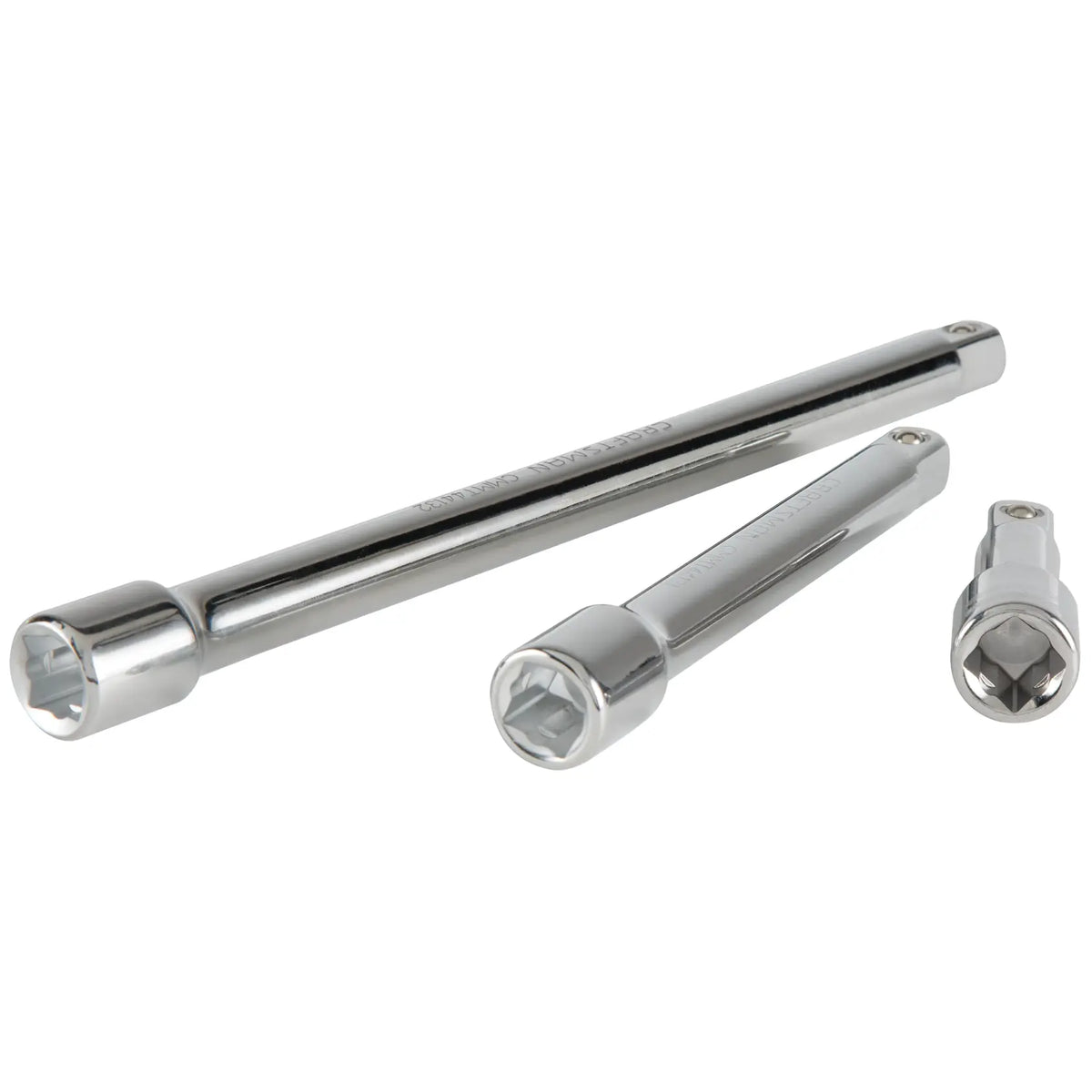 CRAFTSMAN CMMT43283 chrome extension bar set, three pieces, for socket wrenches, view on white background.