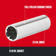 Craftsman 9/16 in. socket with 3/8 in. drive, chrome finish, SKU CMMT43313, angled view.