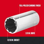 Craftsman 13/16 in. socket, full-polish chrome finish, 3/8 in. drive, CMMT43318, side angle photo.