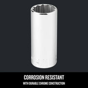 Photo of Craftsman chrome socket, SKU CMMT43318, shown vertically on dark background with corrosion resistant text.