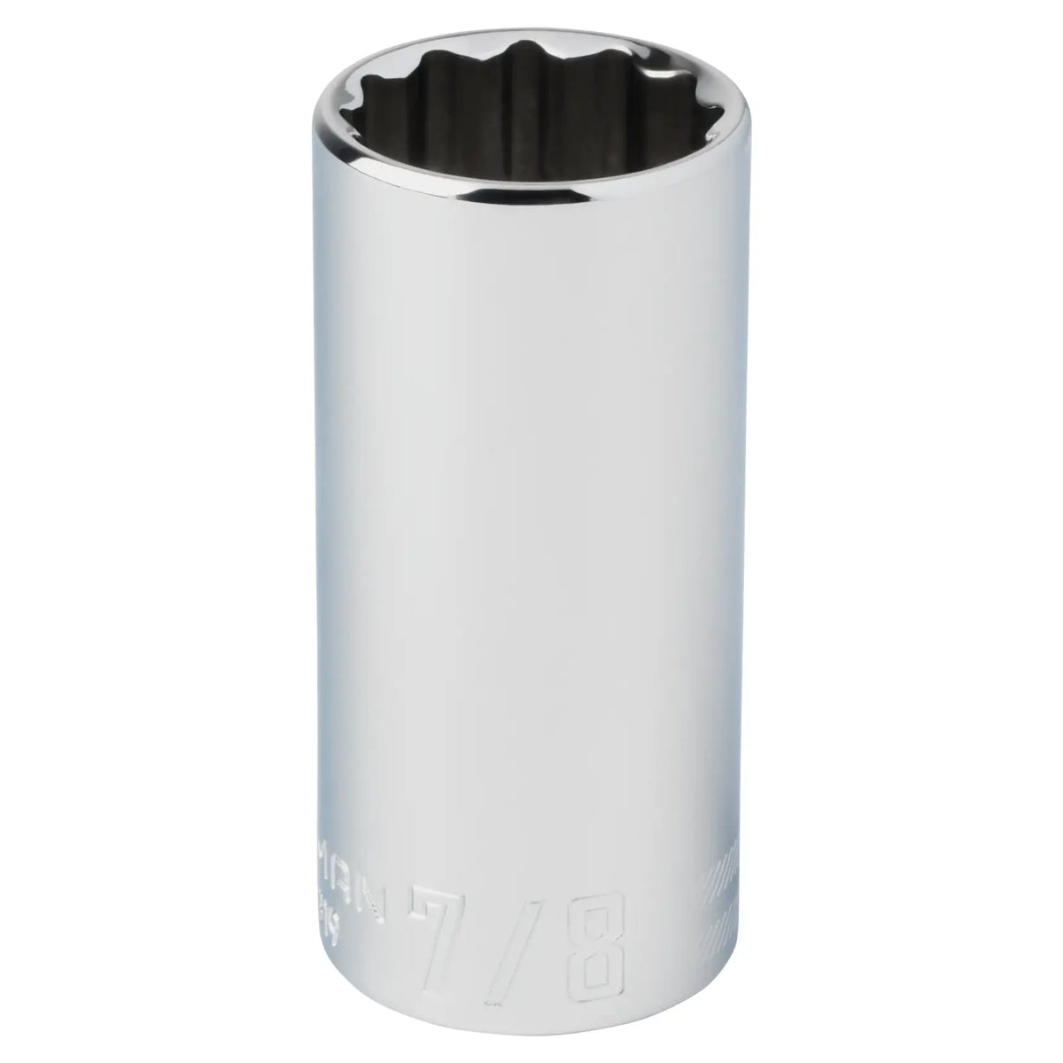 Photo of Craftsman chrome socket 7/8 inch, deep design, CMMT43319, vertical front angle.