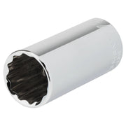 Craftsman chrome socket, cylindrical shape, twelve-point design, angled view, CMMT43319.