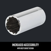 Craftsman deep socket, chrome finish, product graphics, SKU CMMT43319, angled view on white background.