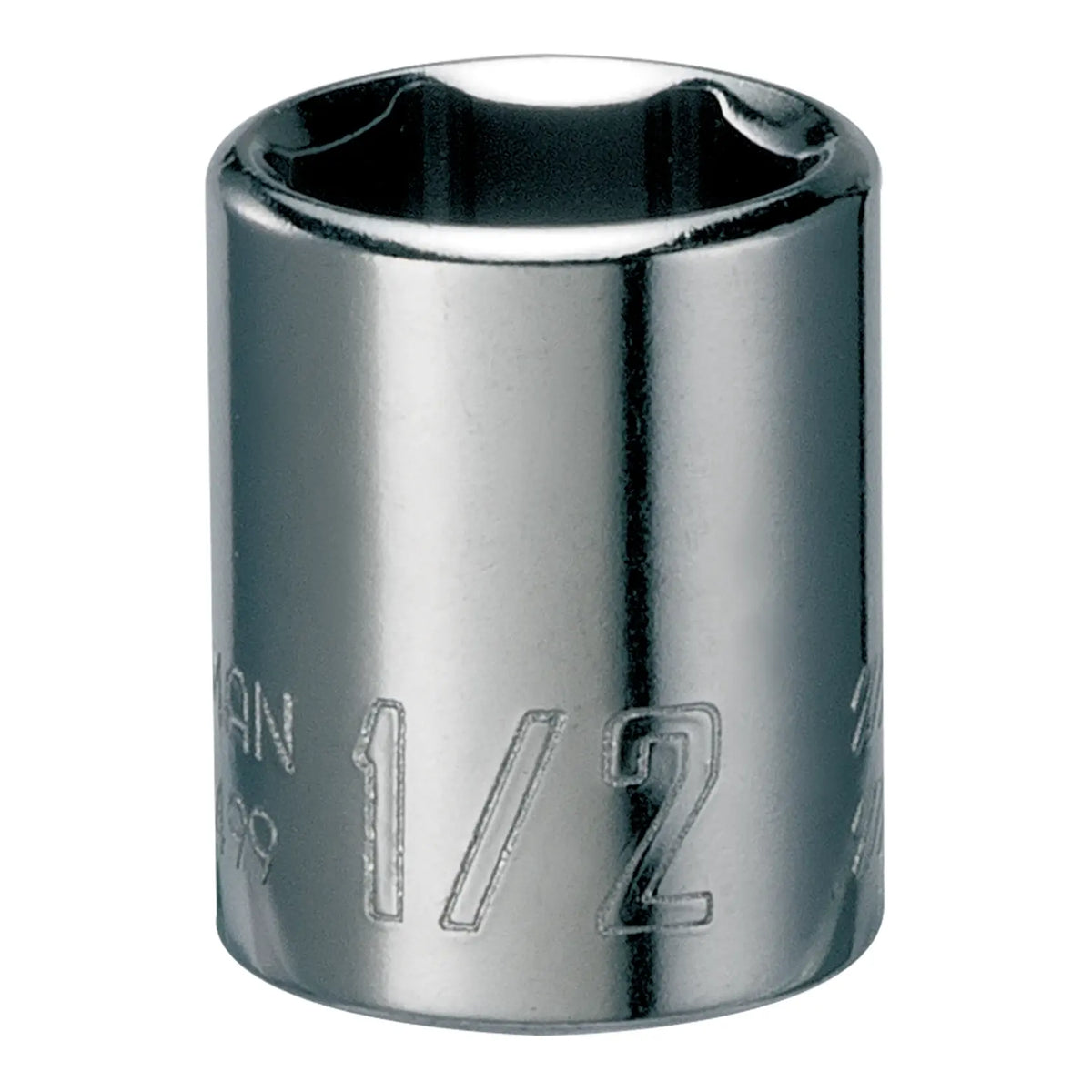 Photo of Craftsman 1/2 inch chrome socket, SKU CMMT43499, tool accessory on white background.